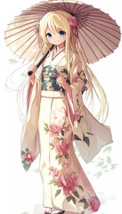 A blond girl in an anime style, dressed in a Japanese kimono and holding an umbrella.