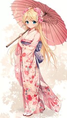 A blond girl in an anime style, dressed in a Japanese kimono and holding an umbrella.