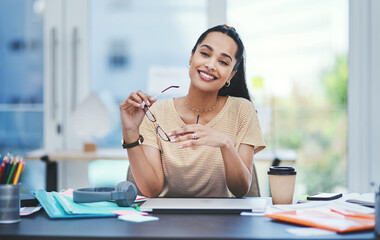 Office, glasses and businesswoman in portrait for career, startup progress and happy with job....