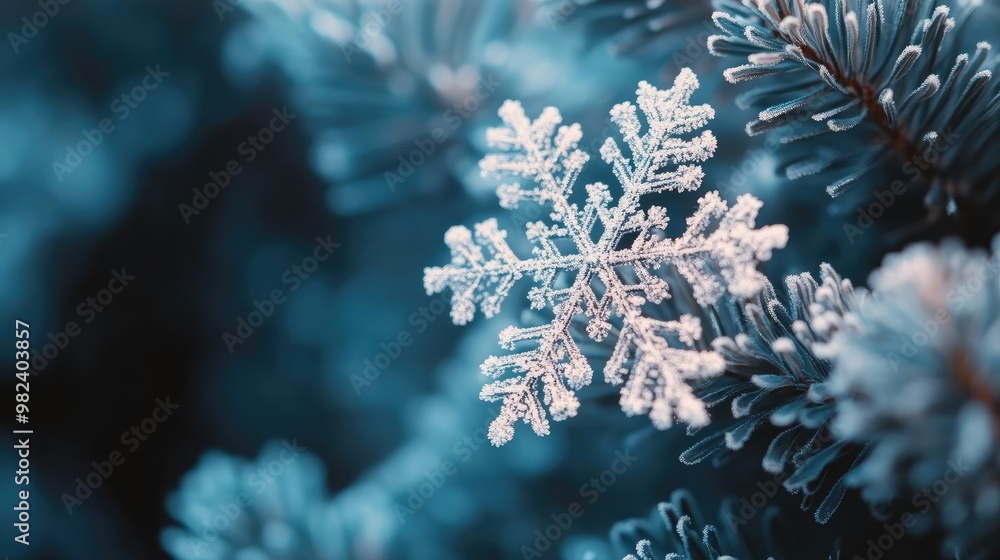 Poster A close-up of a delicate snowflake resting on a pine needle, surrounded by a serene winter background, showcasing nature's beauty.