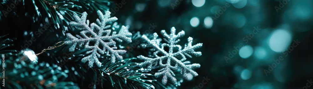 Poster Close-up of elegant snowflakes on a Christmas tree, creating a magical festive atmosphere with sparkling lights.