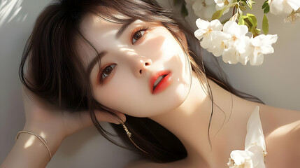 Beautiful Woman with Flowers in Hair