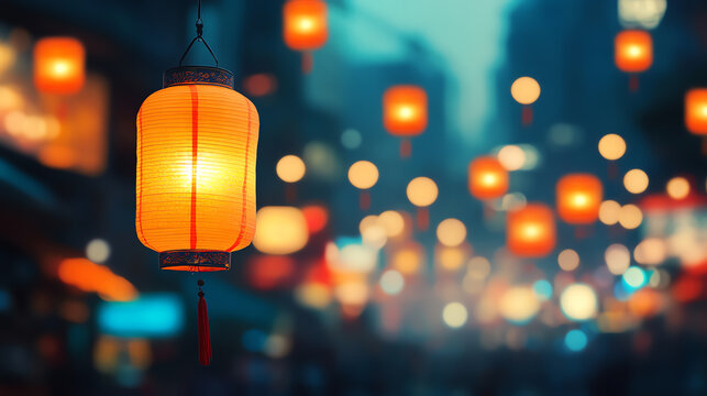 Brightly colored Chinese lanterns hanging in the streets during Thailands Vegetarian Festival