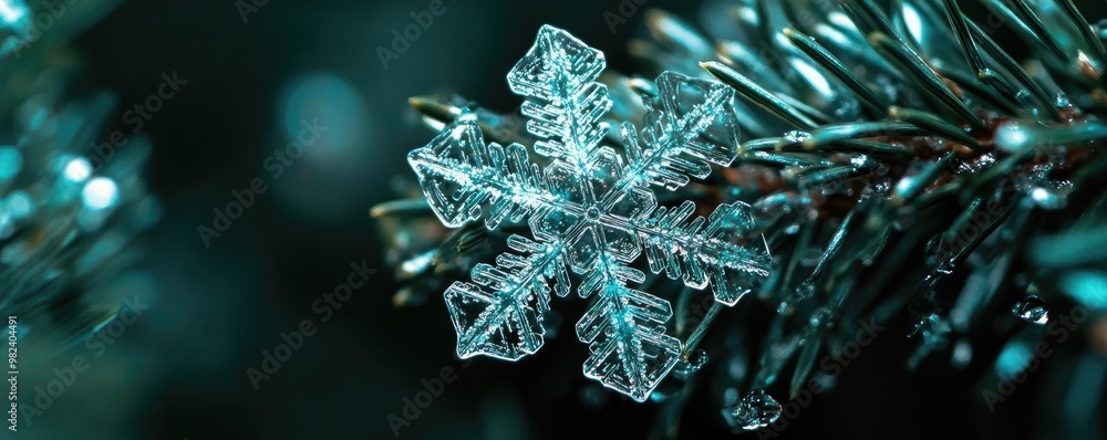 Poster A close-up view of a delicate snowflake resting on a pine needle, showcasing intricate details against a dark backdrop.