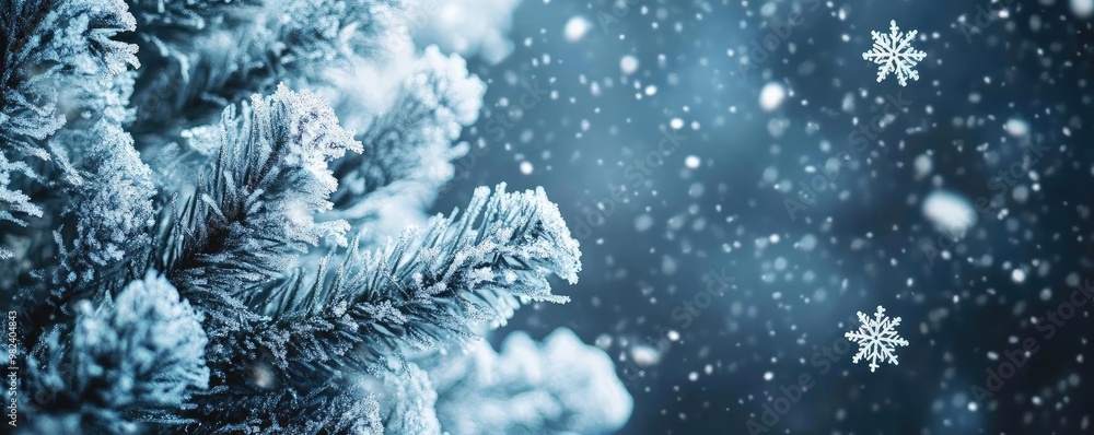 Poster a close-up view of snow-covered evergreen branches with softly falling snowflakes against a serene w