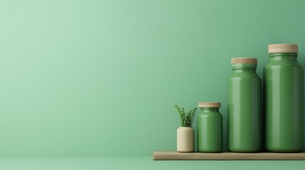 Fototapeta premium A serene display of green glass bottles on a wooden shelf, complemented by a small plant, set against a calming mint background.