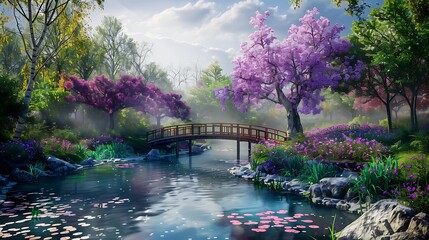 Fototapeta premium Peaceful orchard footbridge with purple flower trees and a pond