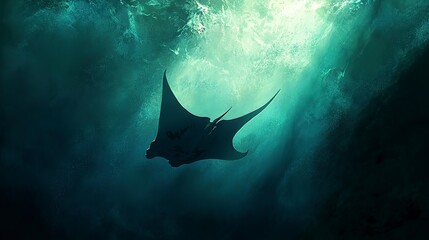 Obraz premium A manta ray gliding gracefully through the open sea, casting a shadow on the ocean floor below.
