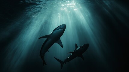 Obraz premium Majestic sharks glide effortlessly through the dark, mysterious abyss of the deep sea, their shadows illuminated by faint sunbeams filtering from above.