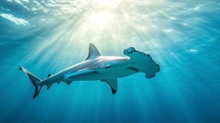 Obraz premium A hammerhead shark swims through clear blue water, with the sun shining above it, casting rays of light down.