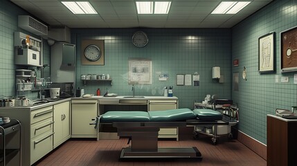 Sterile Medical Room Interior: Examination Table and Supplies