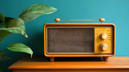 A vintage radio sits on a wooden table next to a plant. The wall behind it is turquoise.