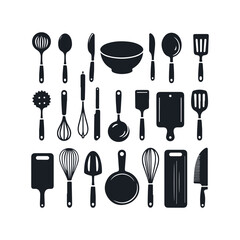 Set of kitchen utensils silhouette vector art illustration on a white background