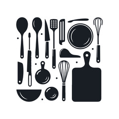 Set of kitchen utensils silhouette vector art illustration on a white background