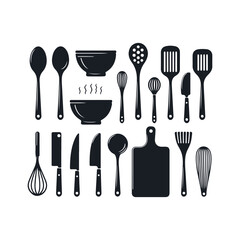 Set of kitchen utensils silhouette vector art illustration on a white background