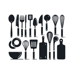 Set of kitchen utensils silhouette vector art illustration on a white background