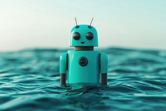 A cute, turquoise robot stands in calm ocean waters, embodying a blend of technology and nature under a serene sky.