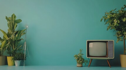 A vintage television set with a blank screen in a room with a green wall.
