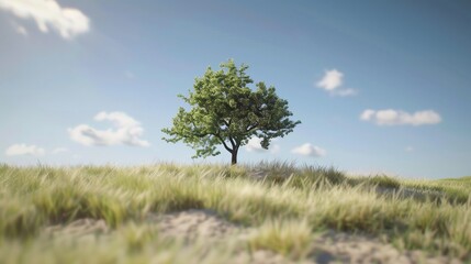 Solitary Tree on Grassy Hill Under Blue Sky, Nature Landscape Illustration for Peaceful and Serene Background