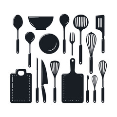 Set of kitchen utensils silhouette vector art illustration on a white background