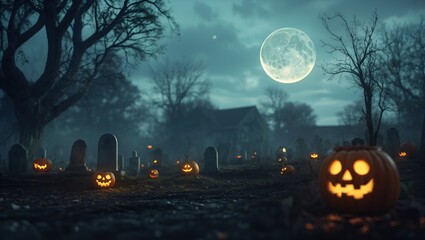 Fototapeta premium A spooky Halloween graveyard scene with carved pumpkins, eerie trees, and a full moon illuminating a misty atmosphere.