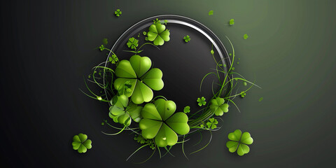 Graphic design of green four-leaf clovers in a circular pattern on a dark background.

