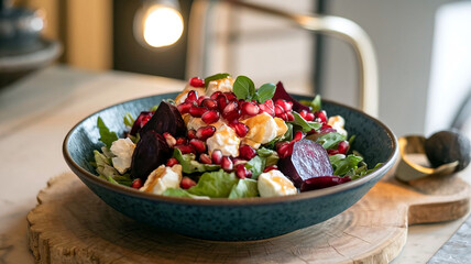 A vibrant winter salad with fresh fruit and vegetables in a bowl, with a soft restaurant background. 