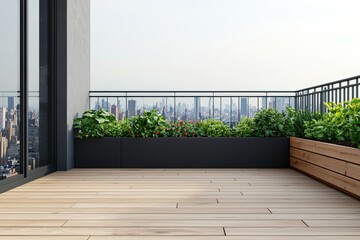 A modern balcony with wooden flooring features lush greenery in planters and city skyline views, creating a serene outdoor space.