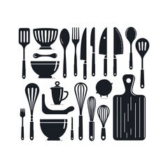 Set of kitchen utensils silhouette vector art illustration on a white background