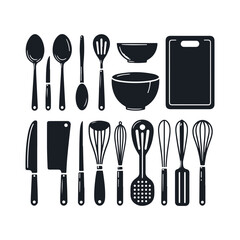 Set of kitchen utensils silhouette vector art illustration on a white background
