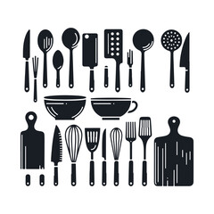 Set of kitchen utensils silhouette vector art illustration on a white background