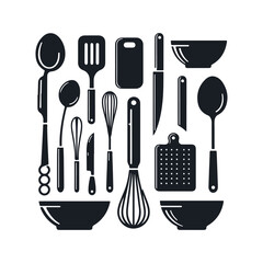 Set of kitchen utensils silhouette vector art illustration on a white background
