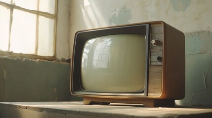 A vintage television with a blank screen in a room.