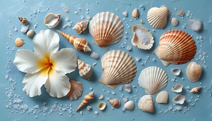 Serene coastal still life featuring a white flower, seashells, and bath salts on a tranquil light blue backdrop