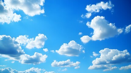 Obraz premium A clear blue sky stretches out with only a few fluffy white clouds drifting across. The scene is bathed in bright, radiant sunlight, creating a serene and uplifting atmosphere. The vibrant blue 