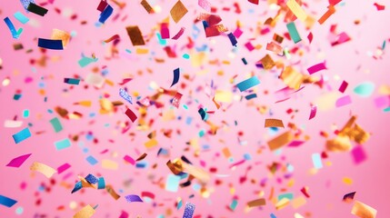 Colorful confetti falling on a pink background.