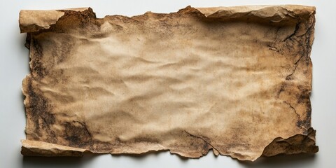 An ancient looking scroll with wrinkled edges. This aged parchment showcases a rustic style that evokes a sense of history and timelessness. Perfect for creative projects and storytelling. AI