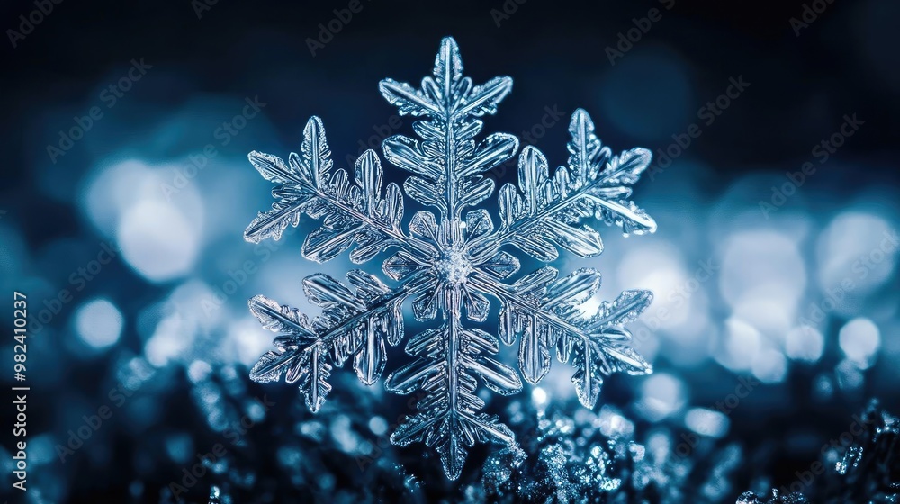 Poster a beautiful close-up of a snowflake showcasing intricate patterns against a shimmering blue backgrou