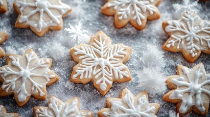 Deliciously decorated snowflake-shaped cookies dusted with powdered sugar, perfect for festive celebrations and winter gatherings.