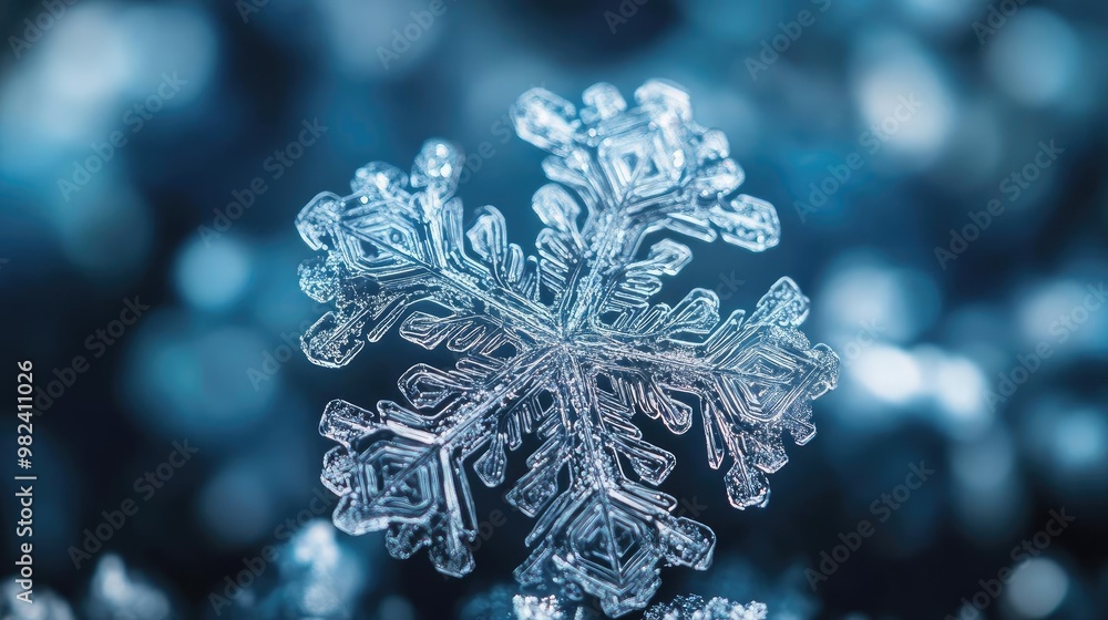 Poster close-up of a delicate snowflake capturing intricate details, set against a blurred winter backgroun