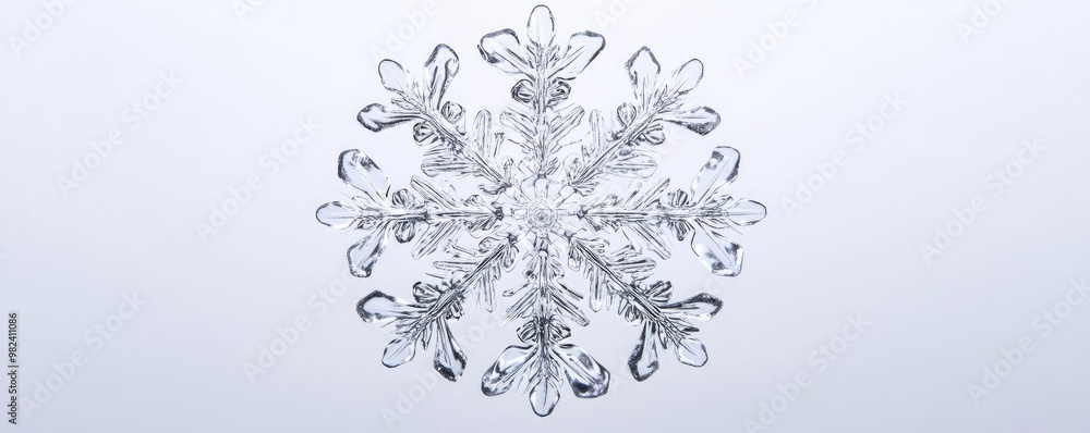 Poster a detailed and beautiful snowflake design, showcasing unique icy patterns against a soft white backg