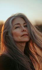 Fototapeta premium Portrait of mature woman with long hair in sunset lighting.