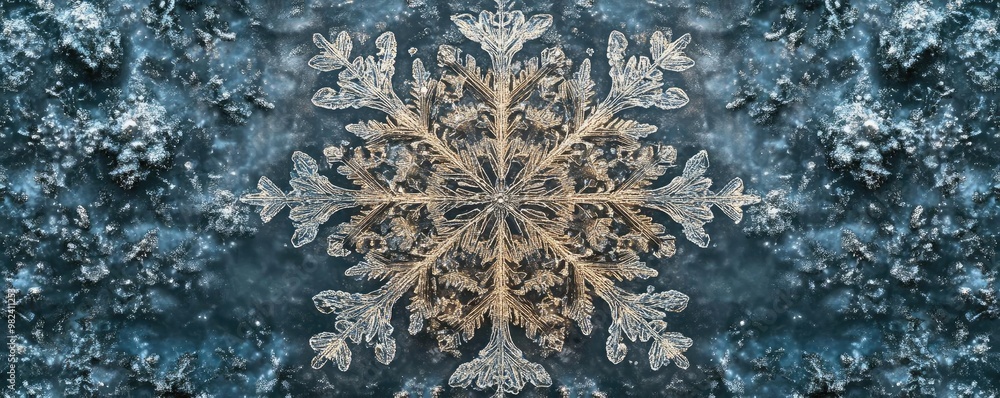 Poster A detailed snowflake design set against a textured blue background, showcasing intricate patterns and unique natural beauty.