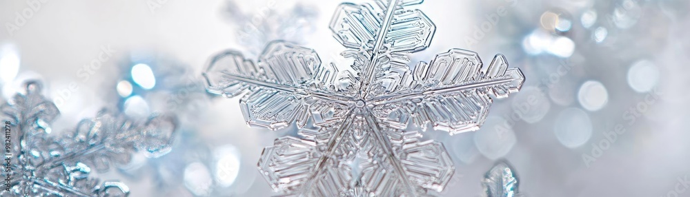 Poster close-up of delicate snowflakes glistening in soft winter light, creating a serene and magical atmos