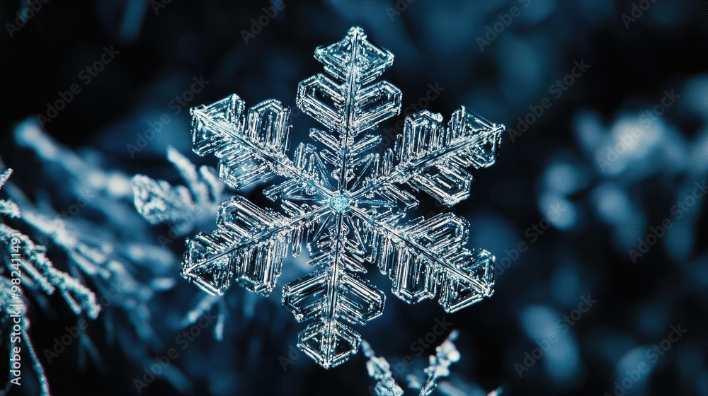 Poster close-up of an intricate snowflake against a dark, frosty background, showcasing unique ice crystal 