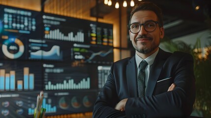 AI Driven Business Leader Analyzing Market Trends and Data in Smart Office Environment