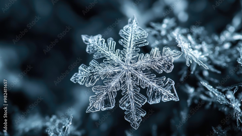 Poster Close-up of a delicate snowflake showcasing intricate details and patterns, surrounded by a soft, frosty background.