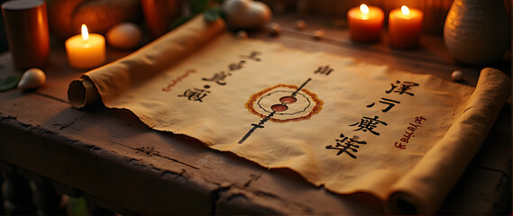 Ancient scroll with reiki symbols and candlelight ambiance on a rustic wooden table