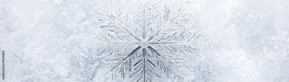 Poster A close-up view of a beautiful snowflake resting on a soft blanket of snow, showcasing intricate patterns and delicate design.