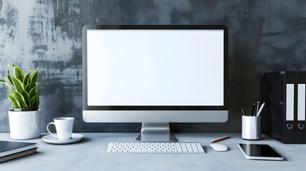 Modern Office Workspace with Blank Computer Screen and Office Supplies on Clean Desk